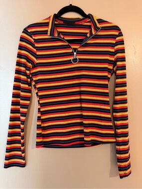 SHEIN Striped Half-Zip Long Sleeve Top in Red, Yellow & Black